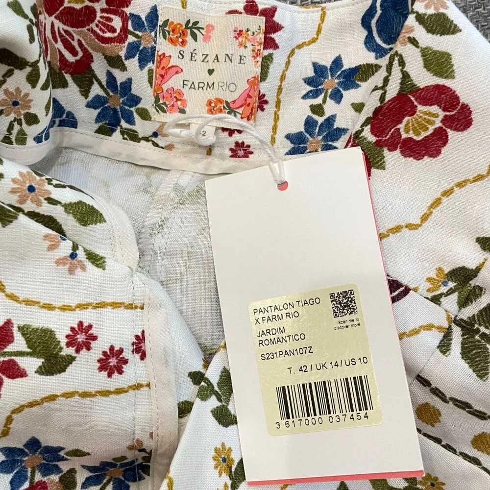 Last Call! New Sézane x Farm Rio Tiago Linen Cotton Floral Cropped Pant 42, 10